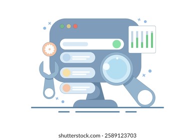 Technical SEO concept, Website optimization for search engines, loading speed, website analysis, Website bug fixes, technical problem solving. Vector illustration background with icons.