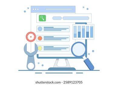 Technical SEO concept, Website optimization for search engines, loading speed, website analysis, Website bug fixes, technical problem solving. Vector illustration background with icons.