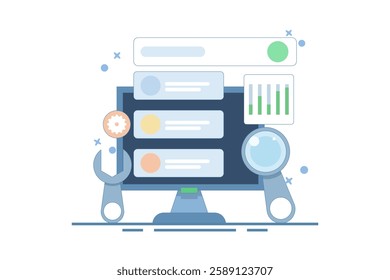 Technical SEO concept, Website optimization for search engines, loading speed, website analysis, Website bug fixes, technical problem solving. Vector illustration background with icons.