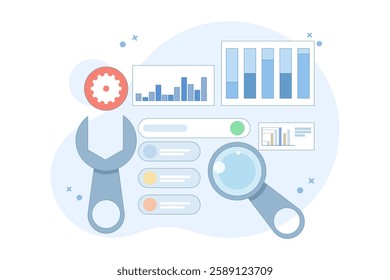 Technical SEO concept, Website optimization for search engines, loading speed, website analysis, Website bug fixes, technical problem solving. Vector illustration background with icons.