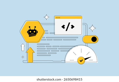 Ilustração técnica SEO com crawler AI, snippet de código e indicador de velocidade, simbolizando a otimização de velocidade da página. Ferramentas de SEO para IA, aprimoramento de código e rastreador de mecanismo de pesquisa. Ilustração vetorial