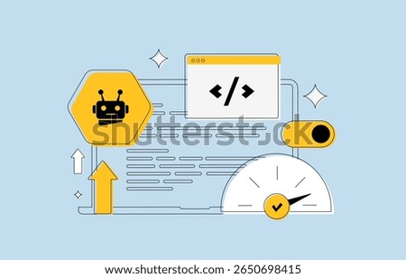Technical SEO illustration featuring AI crawler, code snippet and speed indicator, symbolizing page speed optimization. AI SEO tools, code improvement and search engine crawler. Vector illustration