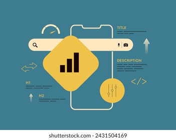 Technical SEO optimization, on-page SEO, website performance tuning, search engine ranking factors, h1 meta tags, title, sitemap, internal links, description. Web development vector illustration