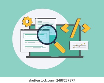 Optimización SEO técnica con auditoría de Sitio web, SEO on-page, optimización de meta tags. Mejore la velocidad del sitio, la rastreabilidad, los backlinks y los datos estructurados. Ilustración vectorial seo técnica con iconos