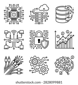 Technical server network and computer hardware line icons
