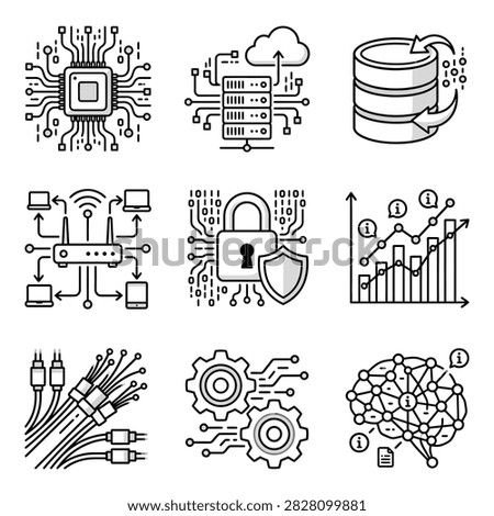 Technical server network and computer hardware line icons