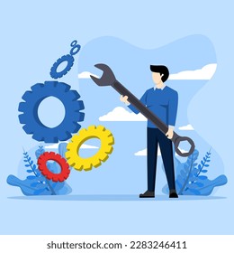 Concepto de servicio técnico, reparación mecánica, trabajos de mantenimiento, llave de mano, destornillador y engranajes. apoyo profesional, ayuda o asistencia. Ilustración vectorial plana moderna.