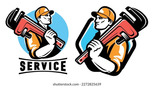 Technical service emblem, workshop logo. Plumber with plumbing wrench. Construction, repair work vector illustration