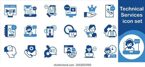 Technical service icon set, representative, us, group, business, mobile, 24 hours, consultant, online, care, reputation, support, experience, resolution, multi, feedback and more