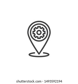 Technical service location pin line icon. Repair service map marker linear style sign for mobile concept and web design. Map Pointer Gear outline vector icon. Symbol logo illustration. Vector graphics