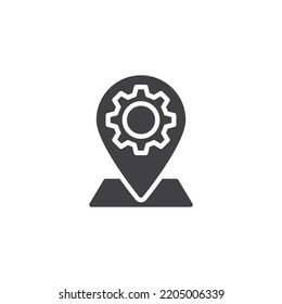 Technical Service Location Vector Icon. Filled Flat Sign For Mobile Concept And Web Design. Map Pin Gear Glyph Icon. Symbol, Logo Illustration. Vector Graphics