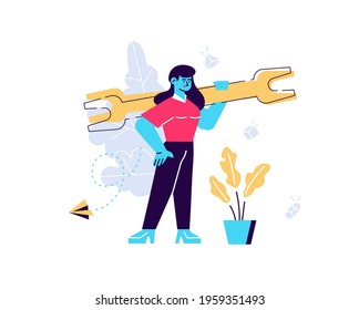 Technical service, problem solution or professional support. Happy Labour Day idea. Construction tool or repair instrument for fixing broken things. Vector girl with huge spanner flat illustration