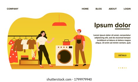Technical service worker repairing washing machine. Home, overall, tool box flat vector illustration. Maintenance, engineer, customer help concept for banner, website design or landing web page