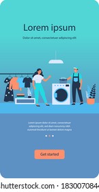 Technical service worker repairing washing machine. Home, overall, tool box flat vector illustration. Maintenance, engineer, customer help concept for banner, website design or landing web page