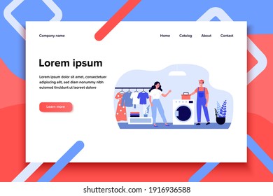 Trabajador técnico reparando lavadora. Ilustración vectorial plana de caja de herramientas en casa, en general. Mantenimiento, ingeniería, concepto de ayuda al cliente para banner, diseño de sitio web o página web de aterrizaje