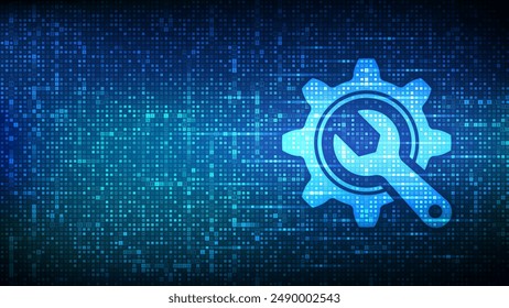 Technical service. Wrench and gear icon made with binary code. Technical assistance. Customer help. Online tech support. Repair service. Digital code background with digits 1.0. Vector Illustration.