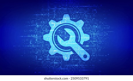 Technical service. Wrench and gear icon made with binary code. Technical assistance. Customer help. Online tech support. Repair service. Digital code background with digits 1.0. Vector Illustration.