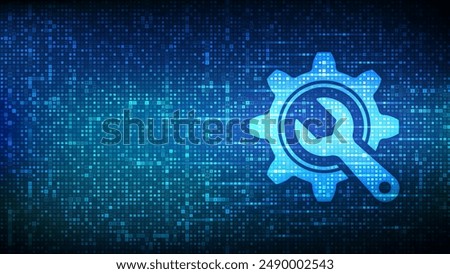 Technical service. Wrench and gear icon made with binary code. Technical assistance. Customer help. Online tech support. Repair service. Digital code background with digits 1.0. Vector Illustration.