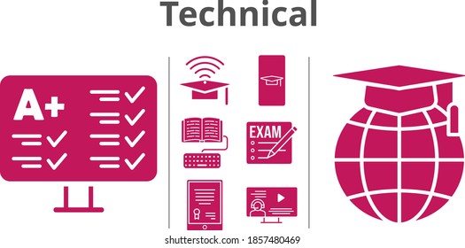 technical set. included student-smartphone, exam, tablet, cap, test, instructor, homework, school icons. filled styles.