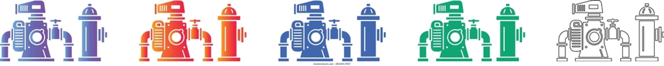A technical set of industrial pumping station icons including hydrants and pumps, designed for engineering, utility, and infrastructure visualization.