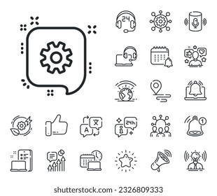 Technical settings sign. Place location, technology and smart speaker outline icons. Cogwheel line icon. Cogwheel line sign. Influencer, brand ambassador icon. Support, online offer. Vector