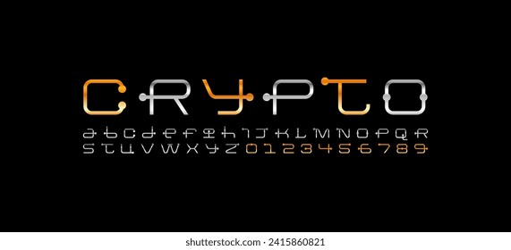 Technical silver gold future font, digital cyber alphabet, golden universal letters from A to Z and numbers from 0 to 9 for interface design, vector illustration 10EPS