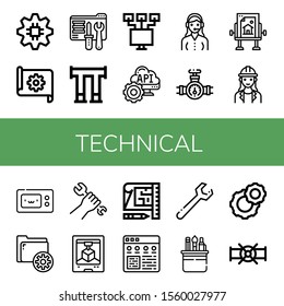technical simple icons set. Contains such icons as Gear, Blueprint, Tech support, Pipe, Local network, Api, Customer service, Drawing table, can be used for web, mobile and logo
