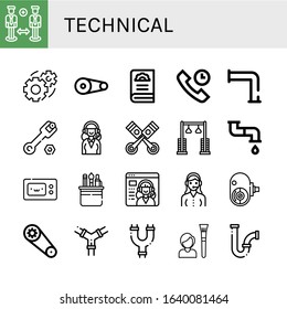 technical simple icons set. Contains such icons as Support, Gear, Pulley, Technical Support, Pipe, Wrench, Support services, Pistons, Microwave, can be used for web, mobile and logo