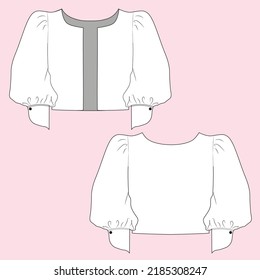 Technical Sketch Of Balloon Sleeve Blazer Cropped. Fashion For Women. Flat Drawing, Adobe Illustrator, Technical Drawing, Vector.