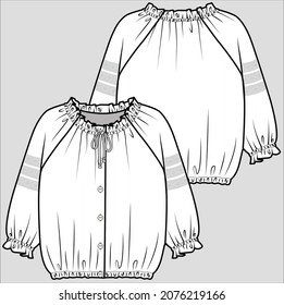 TECHNICAL SKETCH OF BALOON SLEEVES TOP FOR KID GIRLS AND TODDLER GIRLS IN EDITABLE VECTOR FILE