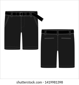 Technical sketch black shorts pants with belt design template. Fashion vector illustration on white background