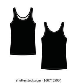 Technical sketch black tank top for girls isolated on white background. Woman underwear. Back and front view. Vector illustration. Design for packaging, fashion catalog