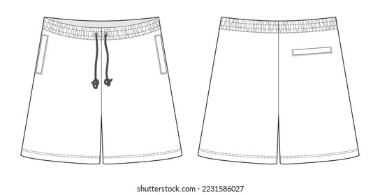 Technical sketch blank shorts pants design template. Casual shorts with pockets and lace. CAD mockup. Front and back. Fashion vector illustration.