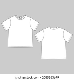 Technical sketch blank unisex t shirt on gray background. Apparel t-shirt CAD design template. Front and back views. Vector illustration