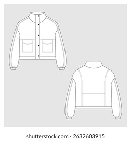 
esboço técnico de uma jaqueta de bombardeiro com mangas caídas e um jugo, colarinho de pé com um botão