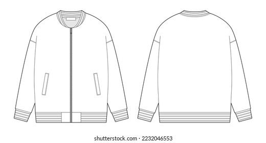 Technical sketch bomber jacket. Kids casual clothing design template. Front and back views. Vector CAD technical fashion illustration.