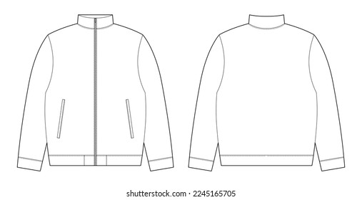 Technical sketch bomber jacket. Kids casual clothing design template. Front and back views. Vector CAD technical fashion illustration.