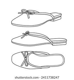 Technical sketch of bow mules sandals vector template. Front, side, and top view, isolated on a white background.