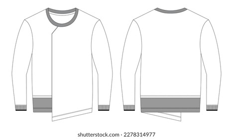 Technical Sketch boys cut and sew T Shirt. Boys Mens cut and sew tee outline design blank template. Boys cut and sew Full Sleeve Tee. Front and Back template, Casual Style Fashion Vector Illustration