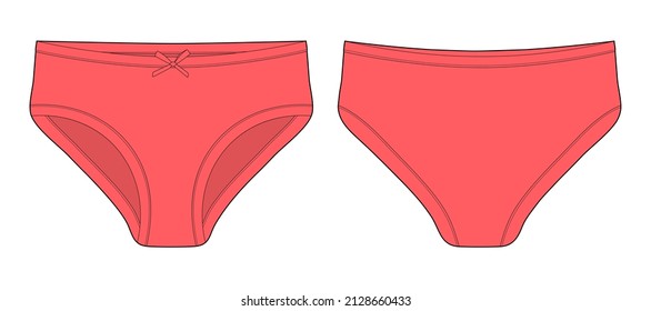 Technical Sketch Of Briefs For Girls. Female Red Underpants. Women Casual Panties. Front And Back. CAD Mockup. Fashion Vector Illustration