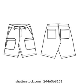 Technical sketch of cargo pants for kids, pockets on the sides, and back template line art. Front and back flat design vector.