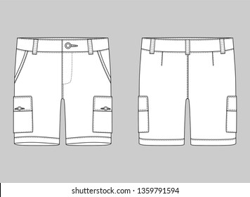 Technical sketch cargo shorts pants design template. Cargo Pants. Fashion vector illustration on grey background