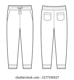 Technical sketch of casual pants with pockets. KIds trousers design template. CAD male sport pants. Front and back view. Vector illustration
