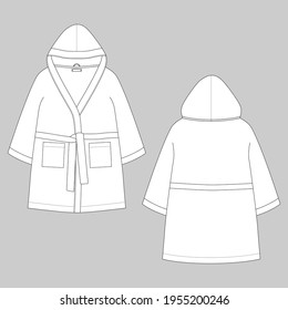 Technical sketch with Children's bathrobe isolated on gray background. Hooded bathrobe. Flat garment apparel template. Front and back views. Vector illustration