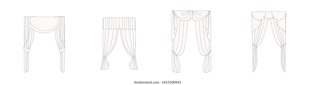 technical sketch of curtains drawn in vector. Window design drawing. Textile interior decoration.