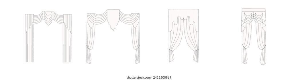 technical sketch of curtains drawn in vector. Window design drawing. Textile interior decoration.