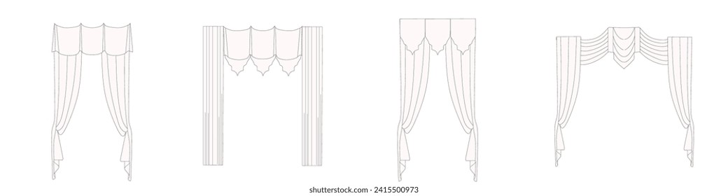 technical sketch of curtains drawn in vector. Window design drawing. Textile interior decoration.