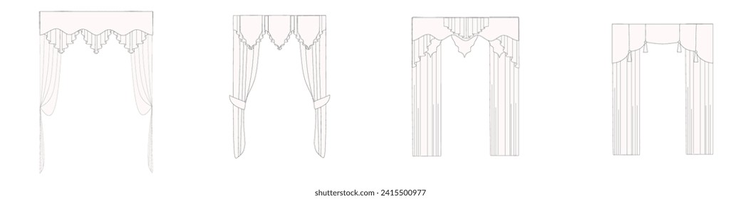 technical sketch of curtains drawn in vector. Window design drawing. Textile interior decoration.