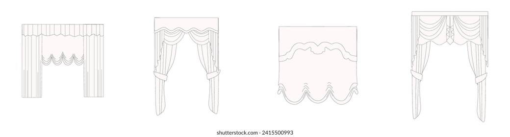 technical sketch of curtains drawn in vector. Window design drawing. Textile interior decoration.