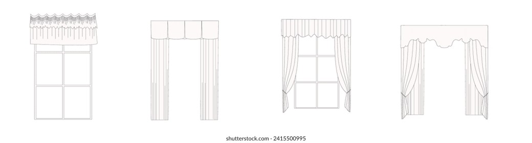 technical sketch of curtains drawn in vector. Window design drawing. Textile interior decoration.